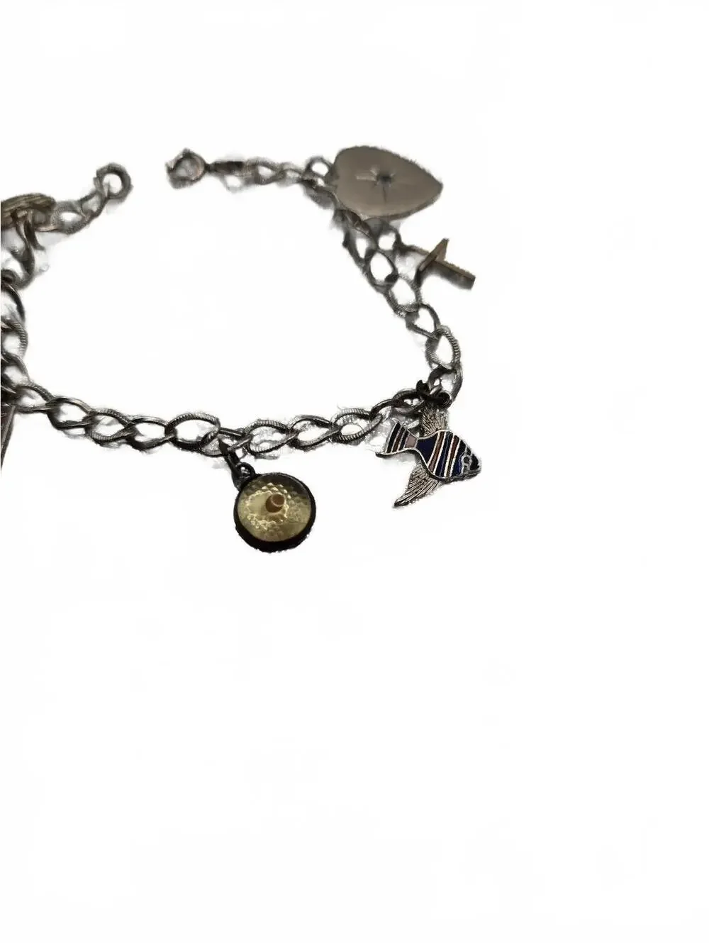 Vtg Sterling Silver Charm Bracelet with many Charms-enamel tropical fish